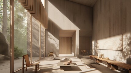 Serene Minimalist Living Room Design: Sunlight Bathes a Modern Home Nestled in Nature