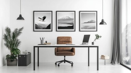 Modern office interior with mountain landscape artwork