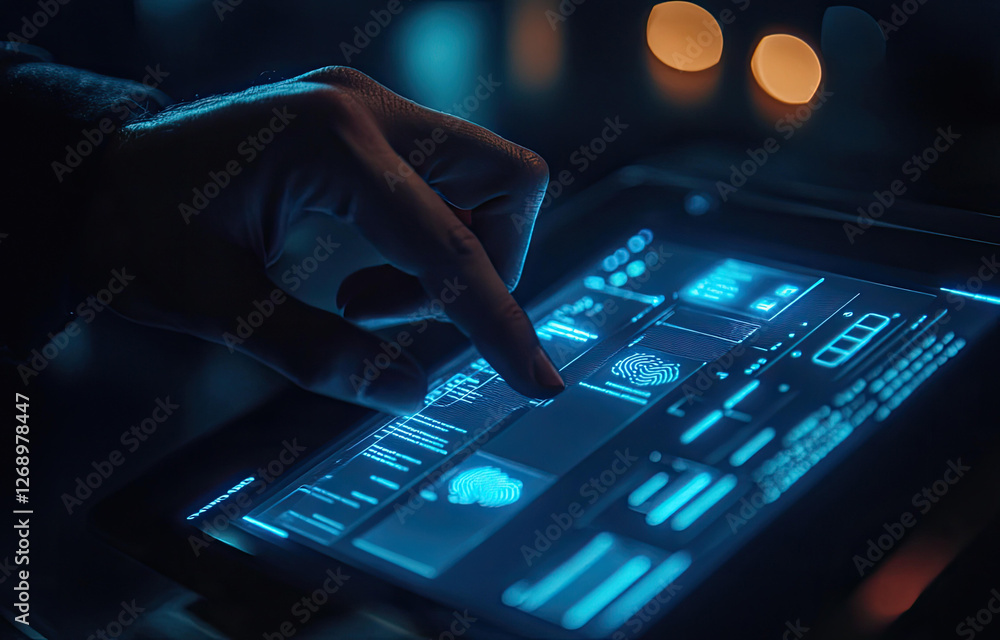 Poster a finger scans a futuristic tablet displaying biometric data and digital interface