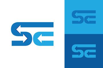 The image shows a flat monogram logo design of an initial letter SE with three arrows in blue color. The logo looks clean on a white background.