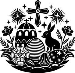 abstract illustration Easter set egg rabbit flower cross