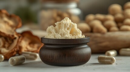 On a wooden countertop, a small dark bowl holds creamy lion s mane powder, surrounded by capsules and dried mushrooms, evoking a sense of natural wellness and tranquility