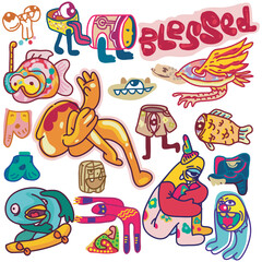 Playful hand drawn doodle characters with quirky expressions.