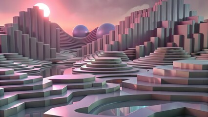 Obraz premium Abstract Geometric Landscape, Pastel Sunset