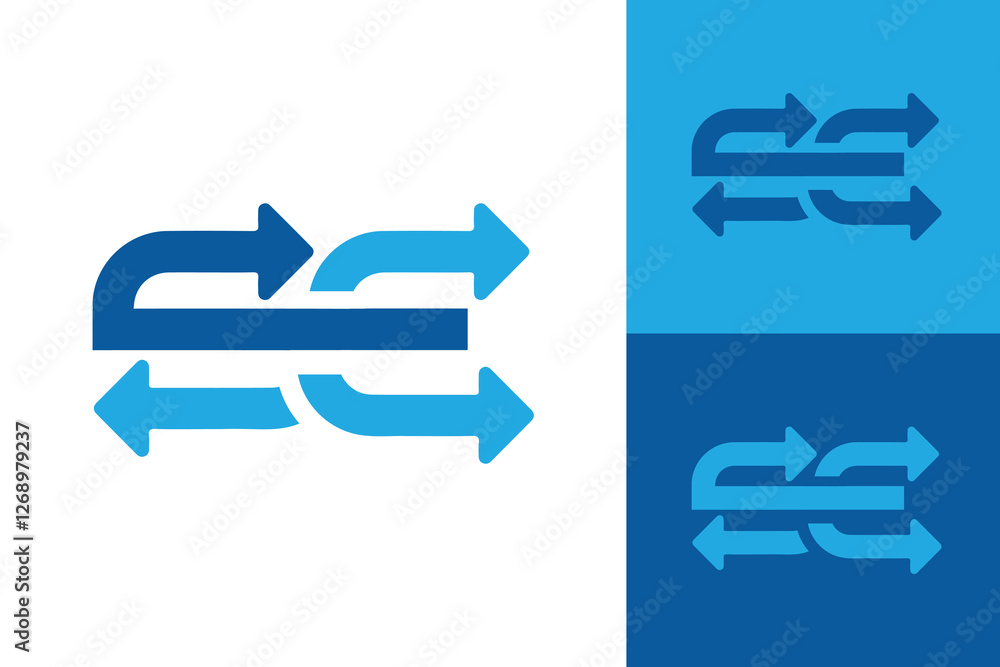 Poster the image shows a flat monogram logo design of an initial letter se with four arrows in blue color. 