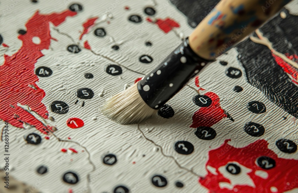 Poster Artistic paint by numbers canvas showing vibrant colors and intricate patterns, ideal for relaxation and creativity, featuring red and black hues with clear brushwork