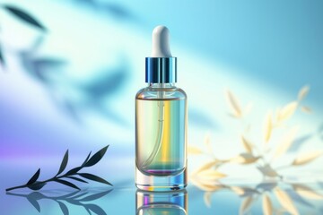 Clear essential oil dropper bottle in minimalistic, light green background with natural plants and sunlight. Ideal for cosmetic product mockup.