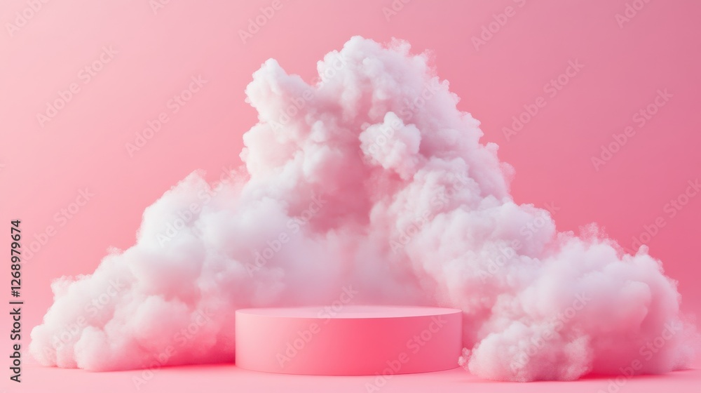 Poster soft pink clouds on a round platform in minimalist background