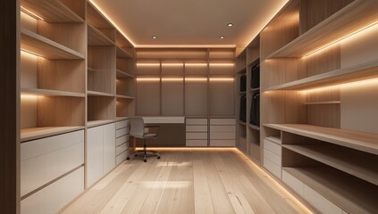 Modern walk-in closet design, illuminated shelves, wood floor, home interior, organization