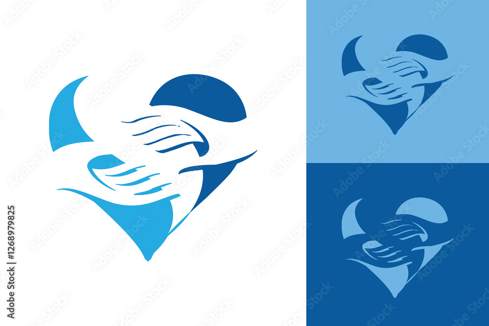Poster the image shows a flat logo design of a heart shape in two segments in blue color with a pair of han