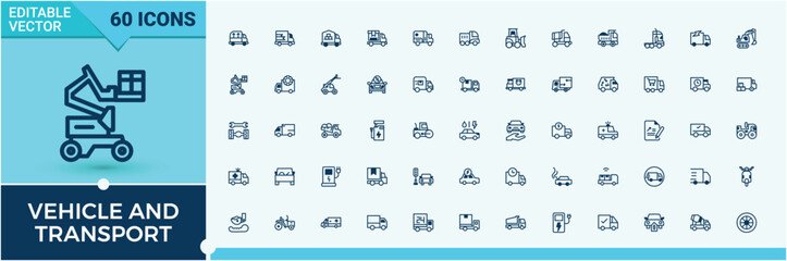 Set of Vehicle And Transport line icons. Contains such icons as walk, auto, car, transport, tram, vehicle, ship and more. Icons for design. Editable vector stroke.