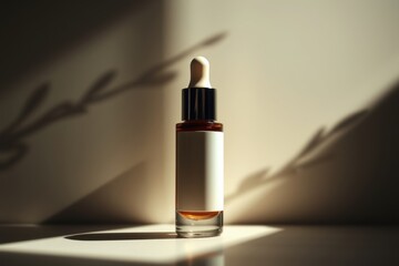Clear serum dropper bottle with blank white label, on a white table, on a minimalistic, light beige background. with shadows of natural branches. Ideal for cosmetic product mockup.