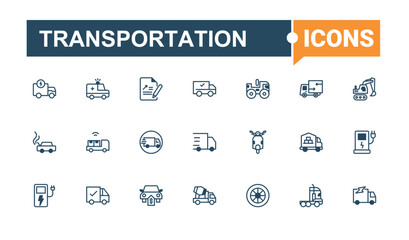 Transportation set of modern icons. Containing transport, truck, airplane, cruise, car, auto, bus and more. Thin icon design. Editable stroke. Vector illustration.