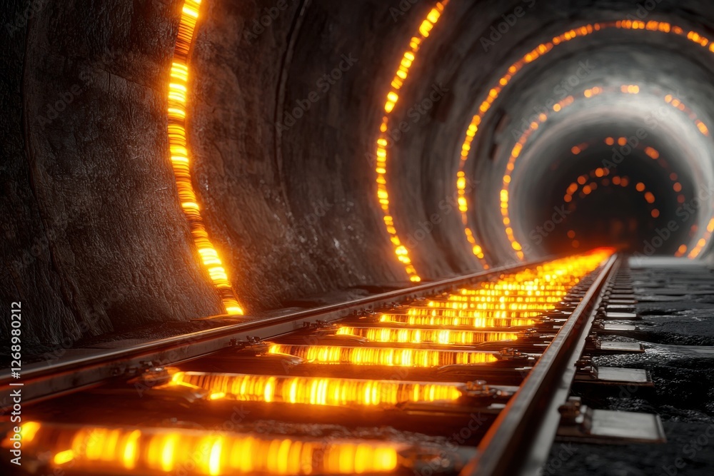 Poster data mining and collection processes. illuminated train tracks inside a dark tunnel with glowing ora