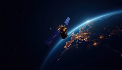 A satellite is positioned in space, orbiting Earth, as it collects data and imagery of illuminated cities and landscapes below in the night sky.