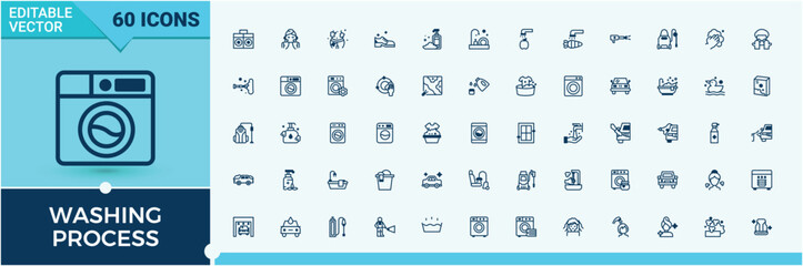 Set of Washing Process line icons. Featuring dry, wash, washer, machine, work, cloth, service, auto. Sign and Symbol. Solid line editable stroke.
