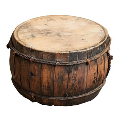 Obraz premium Vintage wood barrel with rustic ropes and worn texture. Isolated on transparent background. Generative AI