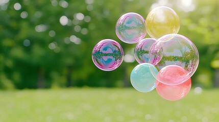 Colorful Soap Bubbles Floating in a Sunny Green Park, a Joyful and Whimsical Scene