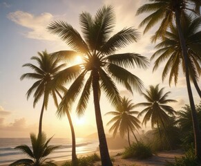 Coconut tree with young coconuts and sun rise, morning, plant