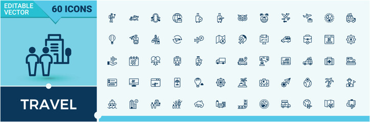 Travel icons set in linear style. Includes thin line air, pool, transportation, transport, car, bag and more. Minimalistic icon. Editable vector stroke.