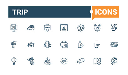 Trip icons set. It contains symbols to airport, parking, cruise, air, train, travel, trip and more. Thin outline icons pack. Editable vector stroke.