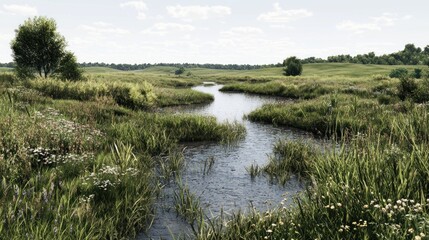 Serene meadow stream winding through wildflowers