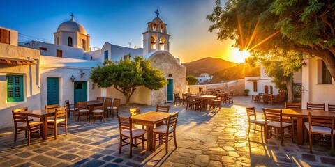 Fototapeta premium Ios Island Greece: Peaceful Siesta in Village Square near Chapel