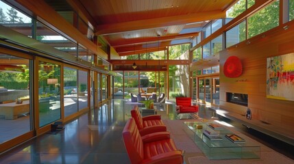 Modern Glass House Interior Design with Red Chairs and Wooden Beams