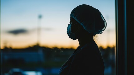 Fototapeta premium A Reflective Healthcare Worker Silhouetted against a Dusk Sky