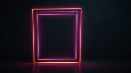 Empty neon rectangle frame with shining effect on dark background with copy space. Black Friday, Cyber Monday. Online shopping, sale and discount concept. 80s, 90s retro style. Synthwave, Retrowave

