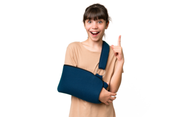 Little caucasian girl with broken arm and wearing a sling over isolated background thinking an idea pointing the finger up