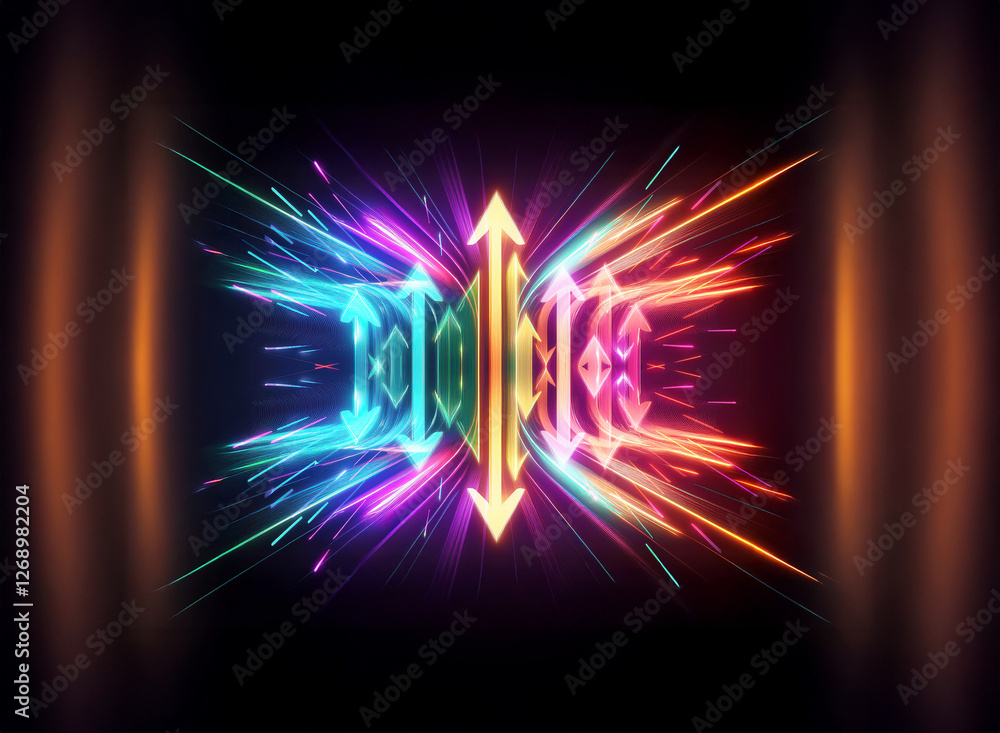 Poster vibrant abstract design with neon arrows radiating outwards. colorful lights create a dynamic and fu