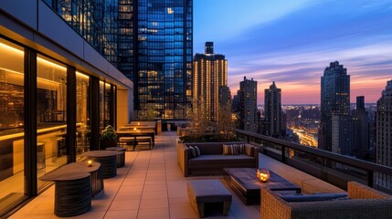 Luxury rooftop lounge with sleek seating, warm lights, and a mesmerizing aerial view of the bustling cityscape at dusk.