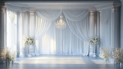 Elegant and Serene Indoor Space with Draped Curtains and Flowers