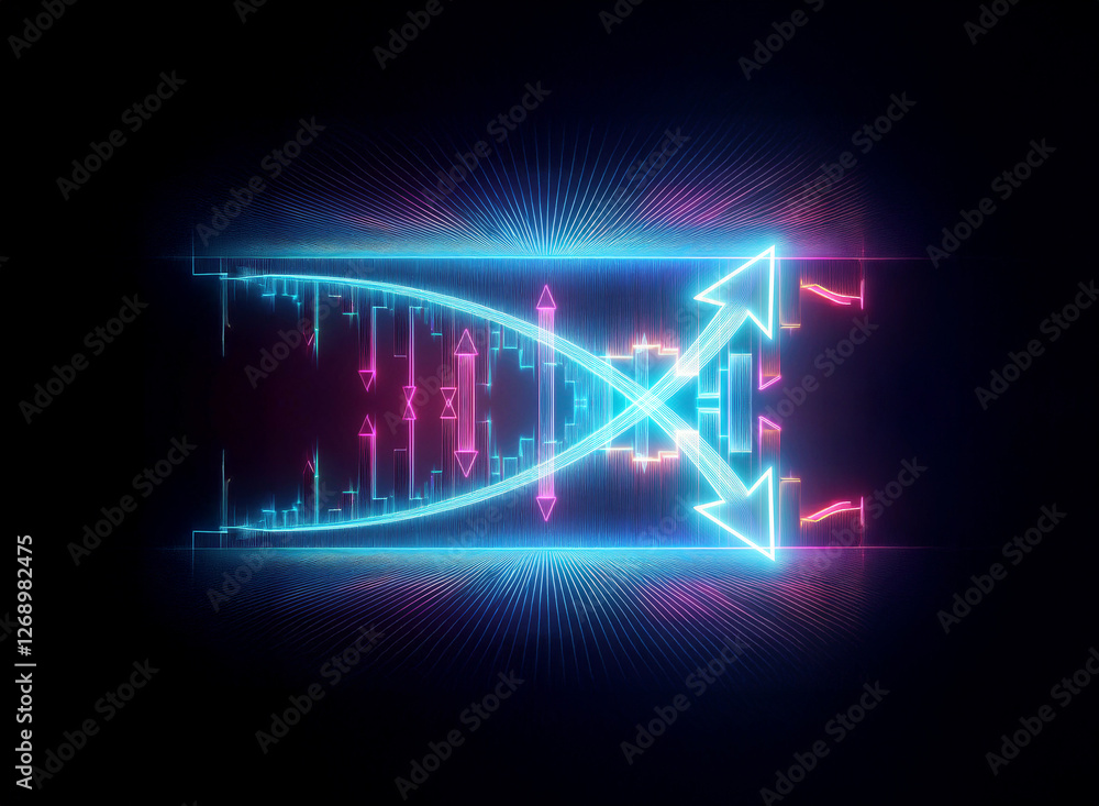 Poster abstract neon artwork featuring glowing blue and pink lines forming arrow shapes and geometric eleme