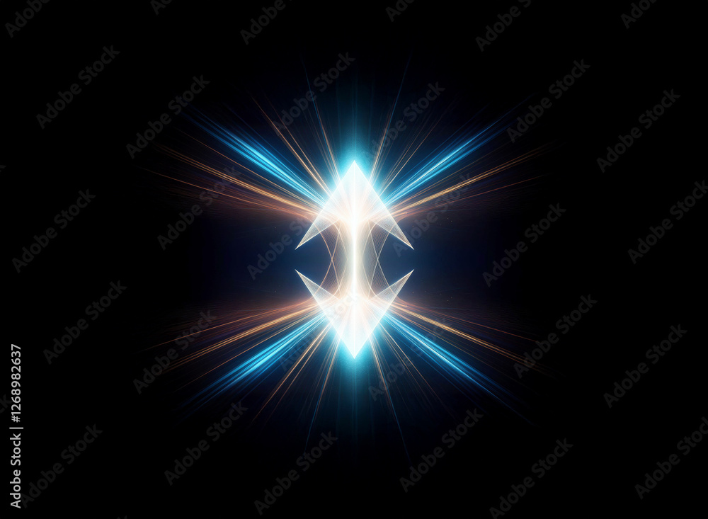 Poster symmetrical abstract design featuring glowing arrows pointing inward and outward. radiating streaks 