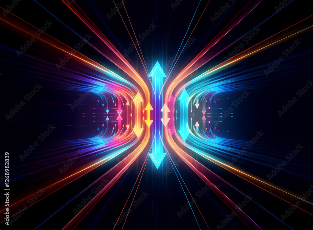 Poster Abstract image featuring converging colorful beams and glowing arrows, creating a sense of motion and energy on a dark backdrop.