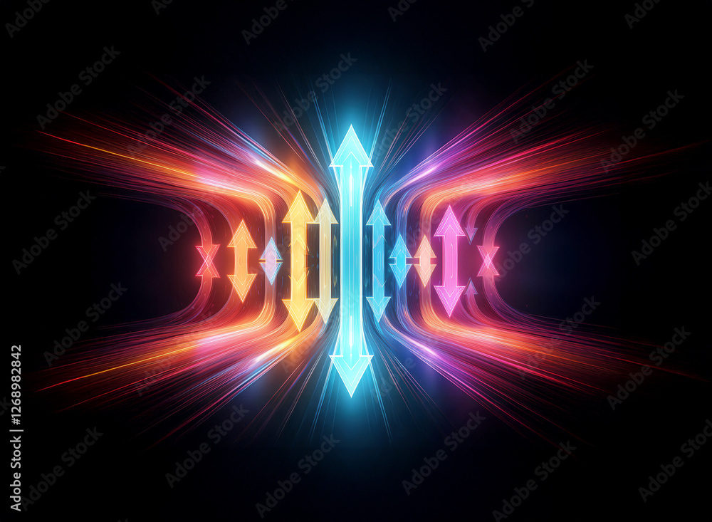 Poster Abstract glowing light streaks converge and diverge with arrows at the center, creating a dynamic and vibrant energy flow on a dark backdrop.
