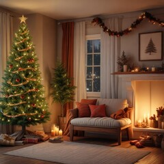 Cozy reading nook with a Christmas tree nearby decorated with cinnamon sticks, winter, cozy, reading nook