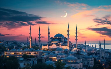 Fototapeta premium Istanbul Sultanahmet Mosque at Sunrise, Crescent Moon