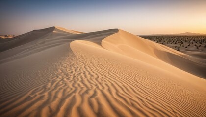 View of rolling sand dunes at sunset in a vast desert landscape with gentle waves and shadows contrasting the golden hues of the sand