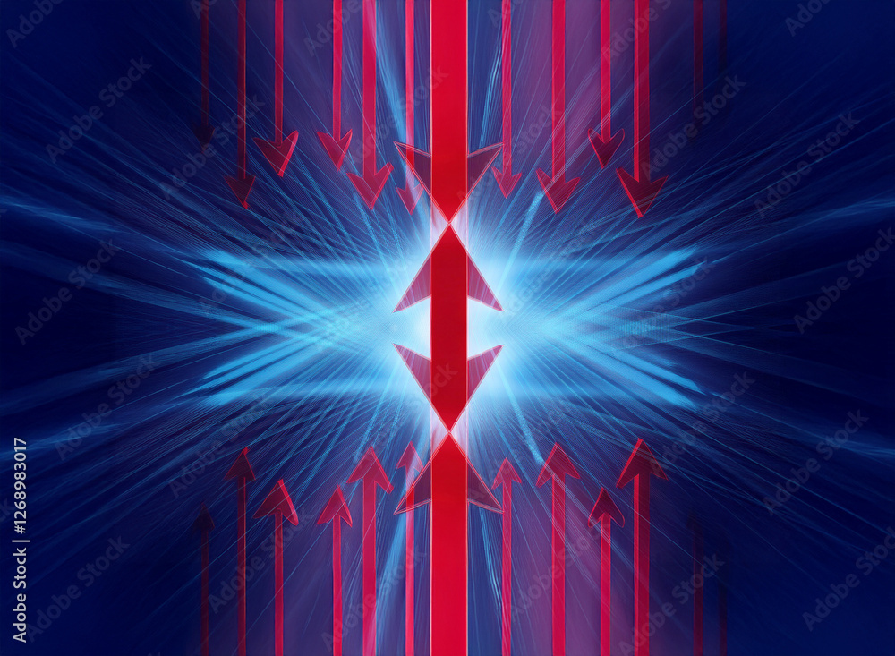 Aufkleber Red arrows converge and diverge from a bright center against a blue backdrop with radiating light beams, creating a dynamic and abstract visual effect.