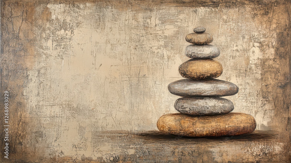 Poster stack of smooth stones on a rustic background with textured surface