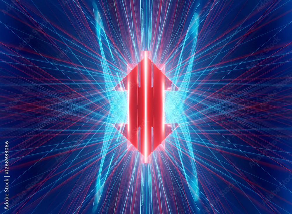 Aufkleber Abstract digital artwork featuring a central red geometric shape with radiating blue and red lines against a dark blue backdrop, creating a futuristic and dynamic visual.