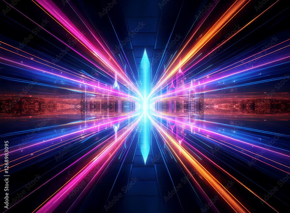 Poster vibrant light streaks converge in a tunnel, creating a dynamic perspective towards a bright central 