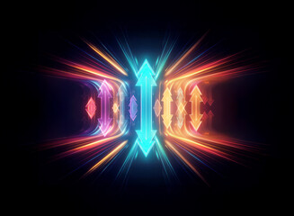 Abstract neon design featuring glowing shapes and arrows pointing in opposite directions, creating a dynamic and futuristic visual on a dark backdrop.