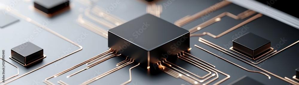Poster close-up view of microprocessor on circuit board with copper traces and modern technology aesthetic