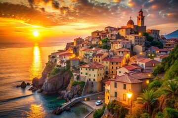 Naklejka premium Italian Medieval Coastal Town, Sunset Bokeh, Mediterranean Sea, Historic Architecture, Romantic Escape