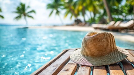 Obraz premium A straw hat relaxes on a wooden lounge chair, invitingly positioned beside a crystal-clear pool. Lush palm trees sway gently in the warm breeze, creating a serene escape