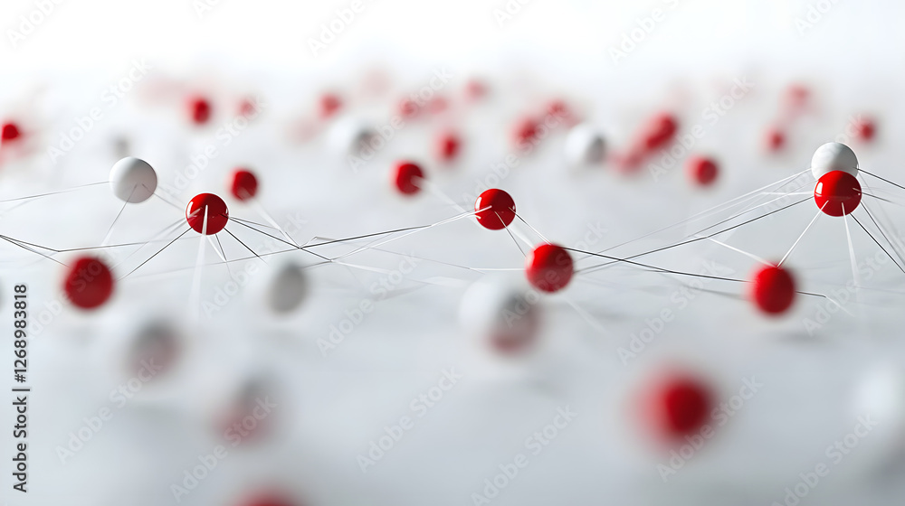 Poster network and connection concept with red and white dots on white laconic background